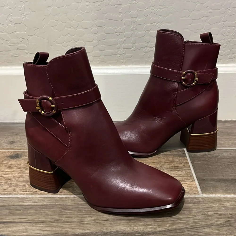NEW Tory Burch Multi Logo Buckle Leather Heeled Boot in Claret Size 9.5